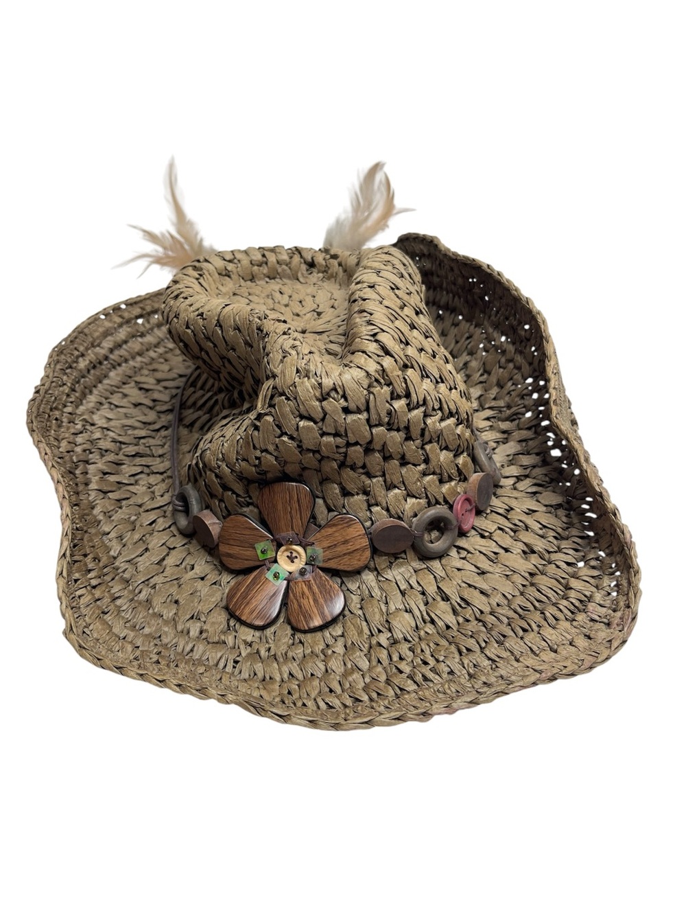 TROPICAL TRENDS Straw Beaded Cowboy Hat with Feathers